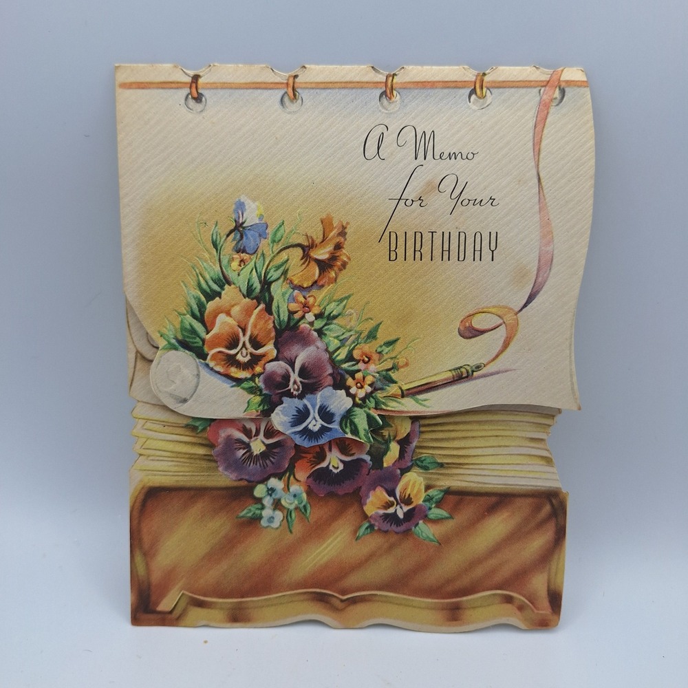 Vintage Meryle T 1610 Birthday Card Memo Floral Pansies Die Cut